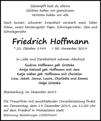 Traueranzeige von Friedrich Hoffmann  von Magdeburger Volksstimme