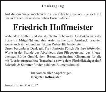 Traueranzeige von Friedrich Hoffmeister  von Magdeburger Volksstimme
