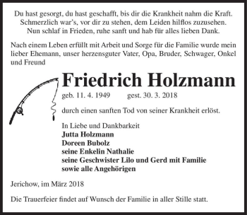 Traueranzeige von Friedrich Holzmann  von Magdeburger Volksstimme