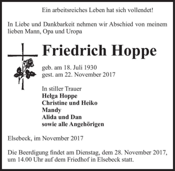 Traueranzeige von Friedrich Hoppe  von Magdeburger Volksstimme