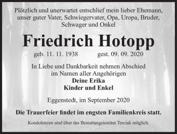 Traueranzeige von Friedrich Hotopp  von Magdeburger Volksstimme