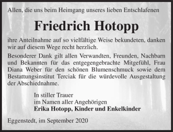 Traueranzeige von Friedrich Hotopp  von Magdeburger Volksstimme