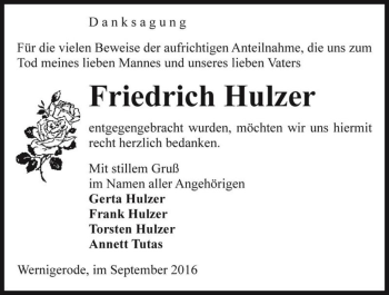Traueranzeige von Friedrich Hulzer  von Magdeburger Volksstimme