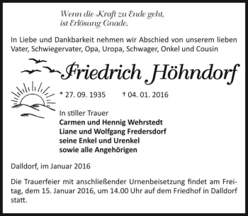 Traueranzeige von Friedrich Höhndorf  von Magdeburger Volksstimme