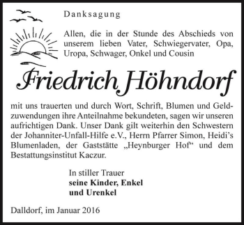 Traueranzeige von Friedrich Höhndorf  von Magdeburger Volksstimme