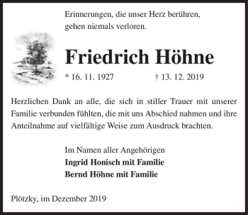 Traueranzeige von Friedrich Höhne  von Magdeburger Volksstimme