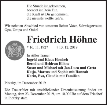 Traueranzeige von Friedrich Höhne  von Magdeburger Volksstimme