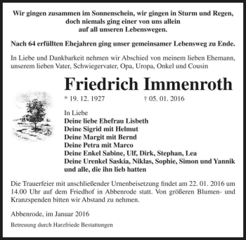 Traueranzeige von Friedrich Immenroth  von Magdeburger Volksstimme