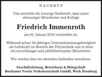 Traueranzeige von Friedrich Immenroth  von Magdeburger Volksstimme