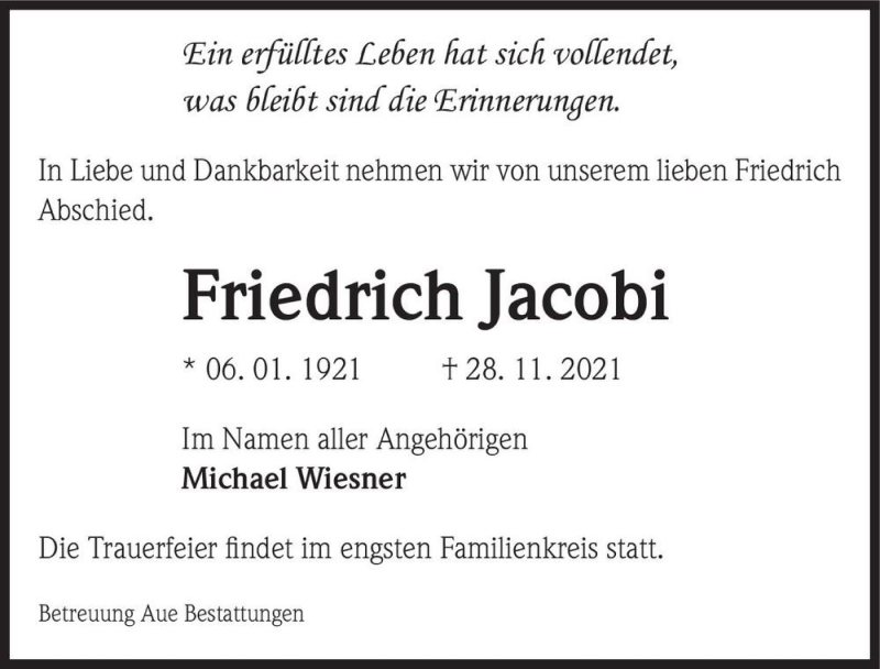  Traueranzeige für Friedrich Jacobi  vom 04.12.2021 aus Magdeburger Volksstimme