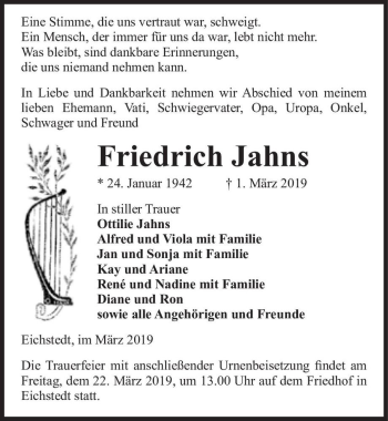 Traueranzeige von Friedrich Jahns  von Magdeburger Volksstimme