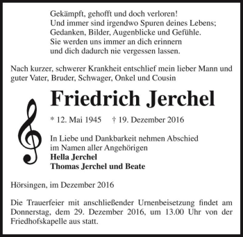 Traueranzeige von Friedrich Jerchel  von Magdeburger Volksstimme