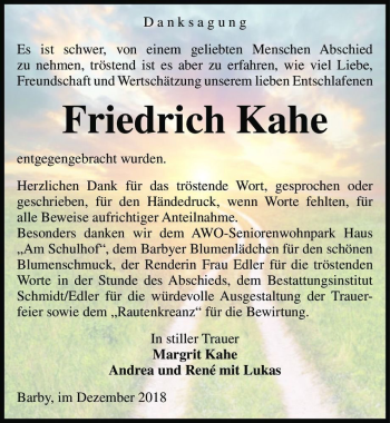 Traueranzeige von Friedrich Kahe  von Magdeburger Volksstimme