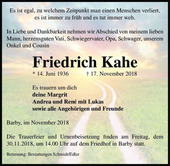Traueranzeige von Friedrich Kahe  von Magdeburger Volksstimme