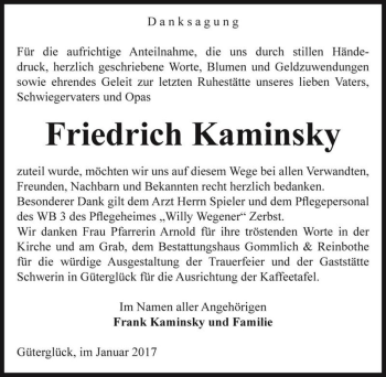 Traueranzeige von Friedrich Kaminsky  von Magdeburger Volksstimme