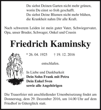 Traueranzeige von Friedrich Kaminsky  von Magdeburger Volksstimme