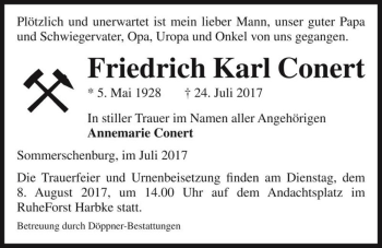 Traueranzeige von Friedrich Karl Conert  von Magdeburger Volksstimme