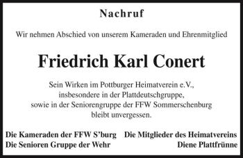 Traueranzeige von Friedrich Karl Conert  von Magdeburger Volksstimme