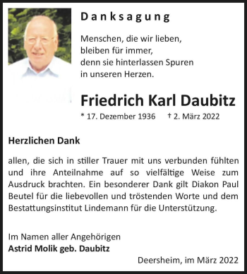 Traueranzeige von Friedrich Karl Daubitz  von Magdeburger Volksstimme