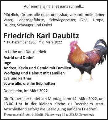 Traueranzeige von Friedrich Karl Daubitz  von Magdeburger Volksstimme