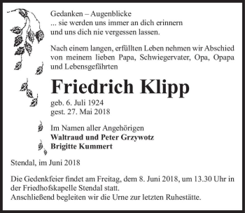 Traueranzeige von Friedrich Klipp  von Magdeburger Volksstimme