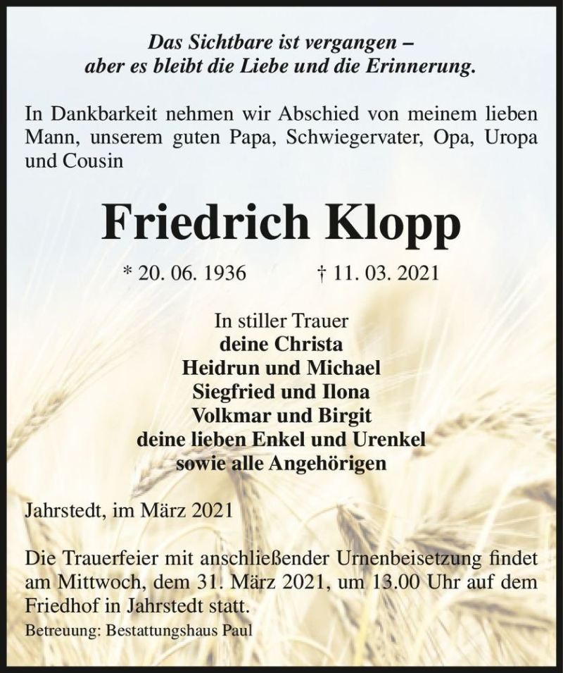  Traueranzeige für Friedrich Klopp  vom 16.03.2021 aus Magdeburger Volksstimme