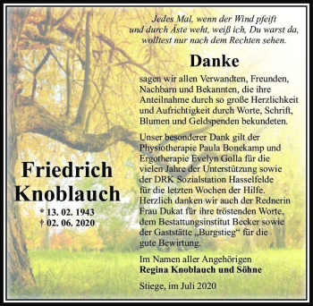 Traueranzeige von Friedrich Knoblauch  von Magdeburger Volksstimme