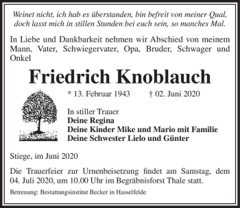 Traueranzeige von Friedrich Knoblauch  von Magdeburger Volksstimme