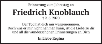 Traueranzeige von Friedrich Knoblauch  von Magdeburger Volksstimme
