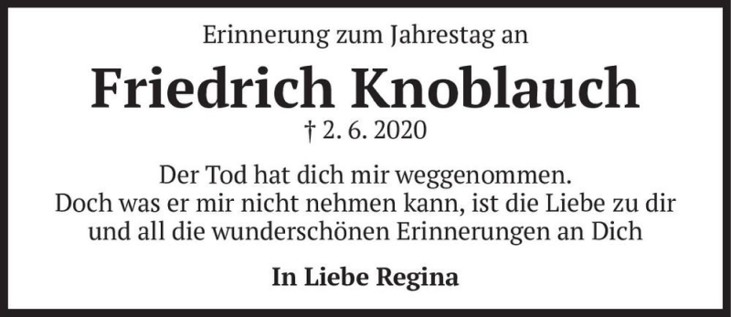  Traueranzeige für Friedrich Knoblauch  vom 02.06.2021 aus Magdeburger Volksstimme