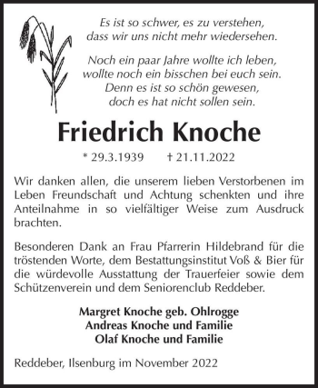 Traueranzeige von Friedrich Knoche  von Magdeburger Volksstimme