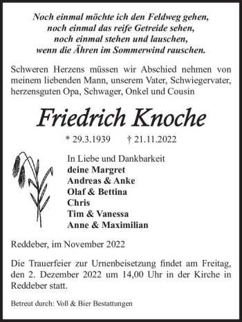 Traueranzeige von Friedrich Knoche  von Magdeburger Volksstimme