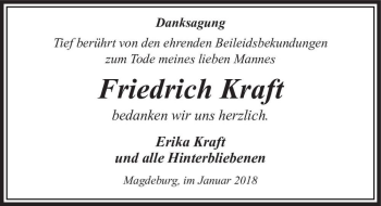 Traueranzeige von Friedrich Kraft  von Magdeburger Volksstimme