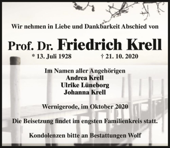 Traueranzeige von Friedrich Krell  von Magdeburger Volksstimme
