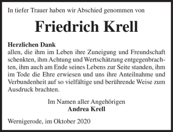 Traueranzeige von Friedrich Krell  von Magdeburger Volksstimme