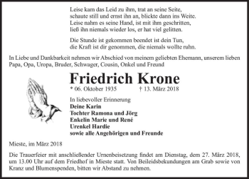 Traueranzeige von Friedrich Krone  von Magdeburger Volksstimme