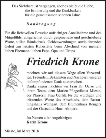 Traueranzeige von Friedrich Krone  von Magdeburger Volksstimme