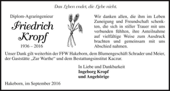 Traueranzeige von Friedrich Kropf  von Magdeburger Volksstimme