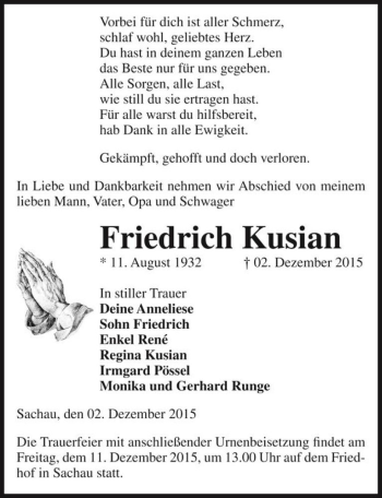 Traueranzeige von Friedrich Kusian  von Magdeburger Volksstimme