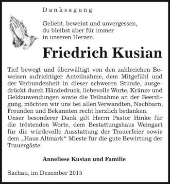 Traueranzeige von Friedrich Kusian  von Magdeburger Volksstimme