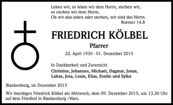 Traueranzeige von Friedrich Kölbel  von Magdeburger Volksstimme