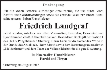 Traueranzeige von Friedrich Landgraf  von Magdeburger Volksstimme