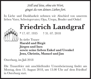 Traueranzeige von Friedrich Landgraf  von Magdeburger Volksstimme