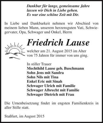 Traueranzeige von Friedrich Lause  von Magdeburger Volksstimme