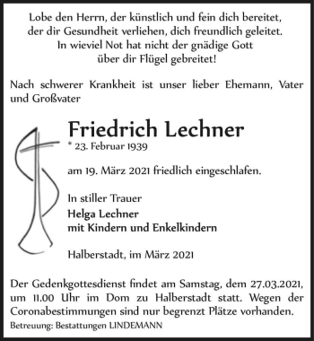 Traueranzeige von Friedrich Lechner  von Magdeburger Volksstimme
