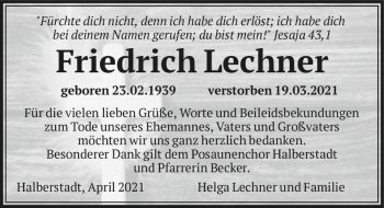 Traueranzeige von Friedrich Lechner  von Magdeburger Volksstimme