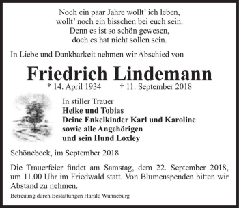 Traueranzeige von Friedrich Lindemann  von Magdeburger Volksstimme