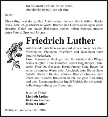 Traueranzeige von Friedrich Luther  von Magdeburger Volksstimme