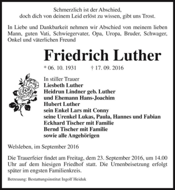 Traueranzeige von Friedrich Luther  von Magdeburger Volksstimme