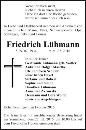 Traueranzeige von Friedrich Lühmann  von Magdeburger Volksstimme